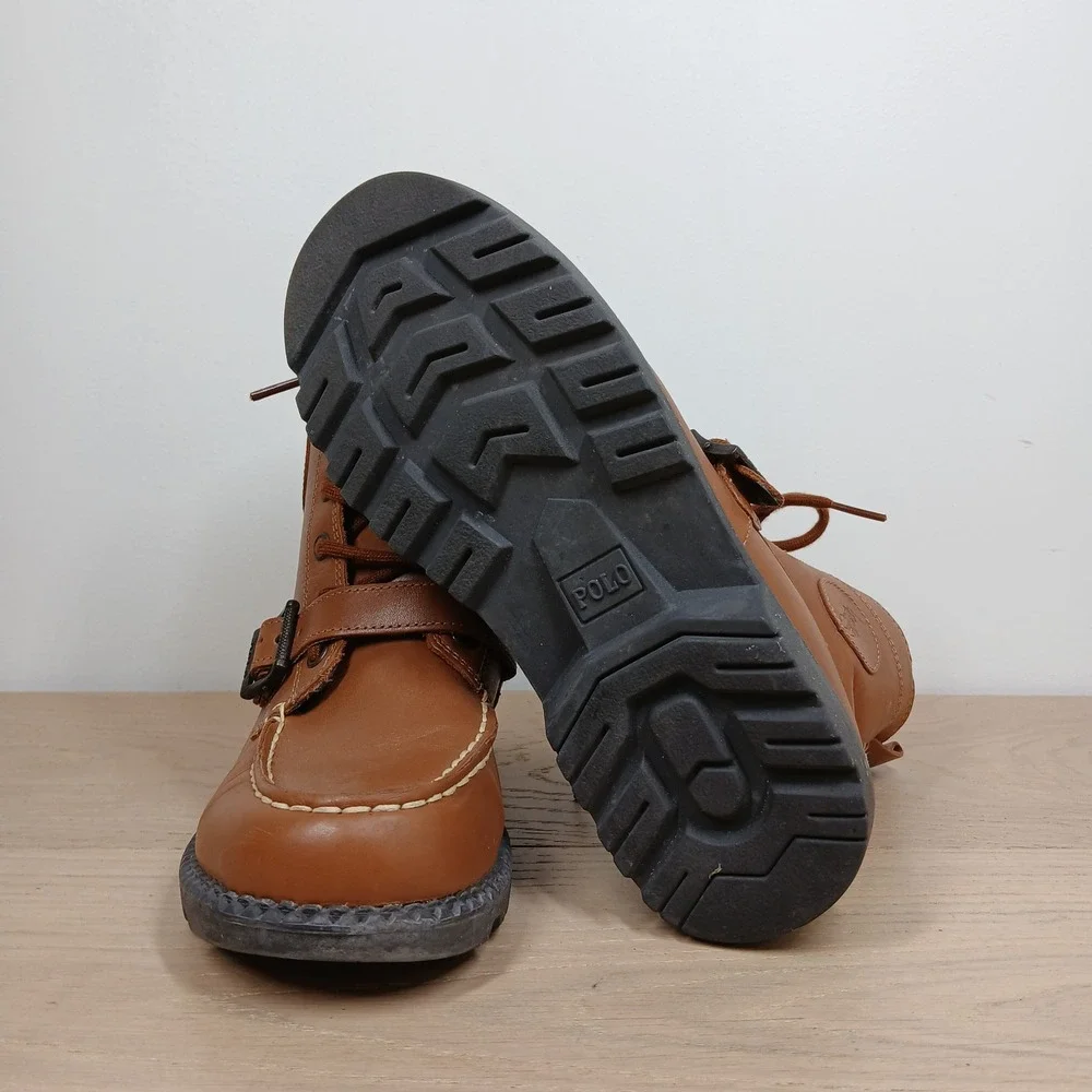 Polo Ralph Lauren Boots Kids 3 Brown Leather Moc Toe Buckle Preppy Equestrian